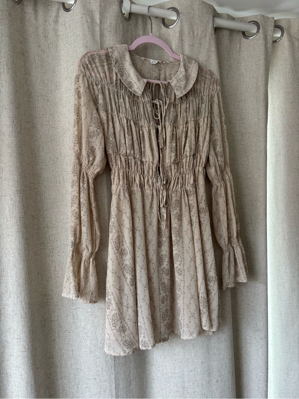 Kimchi Blue Taupe Floral Smocked Long Sleeve Mini Dress